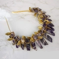 Golden leaf crown headband featuring raw purple amethyst crystals in bohemian style - Amethyst Gold Wire Gold Leaves