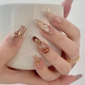 Uñas postizas largas y elegantes con textura de mármol rosa y detalles de pan de oro - Exquisito Estilo de Mármol Rosa Nude (D-60) - Tipo Pegamento