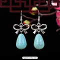 Ethnic silver butterfly bow earrings with light blue drop stones in vintage style - 25-Bowknot Waterdrop
