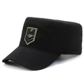 Men's black flat top military patrol cap with embroidered US shield patch and cotton canvas - Shield Style / Black