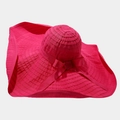 Detail view of the rose red wide brim sun hat with ribbon bow and striped texture - One Size / Rose Red Bow