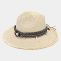 Chapeau de paille Panama beige avec ruban bohème et pompons colorés pour la plage - Beige