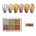 Detailopname van een 6-kleuren solide mirror nagelpoeder palet met metallic chroom finish - 6 Kleuren Solid-03 (F6S-03)