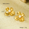 Macro view of 18K gold plated floral earrings with pearls measuring 2.6cm by 2.1cm - Gold Delicate Floral Pearl (D848-1)