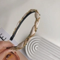 Braided champagne satin headband with gold chains and dark green rhinestones - 210447 Beige