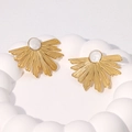 Minimalist gold fan-shaped stud earrings with white inlay on a decorative tray - Pearl White