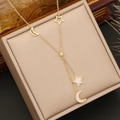 Golden moon and star layered necklace with shell inlay on a beige jewelry display box - Star Moon Tassel Y-Necklace (5#)