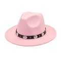 Close-up of pink wool fedora hat with black leather strap and silver metal studs - M (56-58cm) / Pink