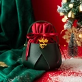 Green leather Christmas apple gift bag with red velvet lining and golden deer charm - Square Deer Style / Christmas Apple Gift Bag / Dark Green