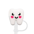 Cute white tooth cartoon silicone straw cover cap with smiling face expression - 1718-02 White Tooth Smile