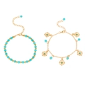 Böhmisches Set aus zwei goldenen Türkis-Armbändern mit hohlem Blumen-Anhänger für Damen - Cyan Gold Türkis Blumen Set (9446)
