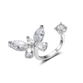 Adjustable silver butterfly ring with sparkling butterfly-shaped zircons and metal finish - Asymmetric Butterfly Zircon Style (12424) / Silver