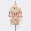 Pale pink lace triangle shawl with elegant butterfly floral embroidery and fringe trim - Snow Bud