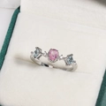 Minimalist ring with oval pink gemstone and blue side stones in silver-toned setting - Oval Pink Gemstone with Rectangular Sapphire Style (白金色24)