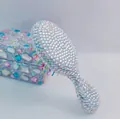 Luxury rhinestone mini hairbrush and heart storage box set with rainbow wavy bristles - Ivory AB White Color 14x6x3.8cm