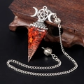 Silver triple moon pentagram necklace with red stone resin hexagonal cone pendant - Red Jasper