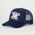 Detail of navy mesh trucker hat with MANANA SERA BONITO print and floral graphic - One Size / Navy Blue