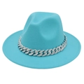 Detail of teal fedora hat showing textured felt fabric and silver rhinestone chain trim - Lake Blue