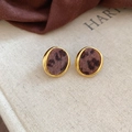 Detail of round leopard print plush earrings with gold metal frame on a beige book - 33# Round Gold Border Plush Leopard Studs (Silver Earring Post-Gold-Deep Coffee)