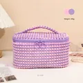 Pink and purple checkered plush makeup bag with double zippers, size 21.5x14x11.8cm - Purple/Square Handle/X-158-3