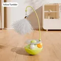 Green tumbler cat toy with colorful track balls and interactive bell feather wand - Yellow