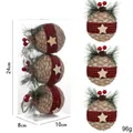 Linen Christmas ball ornaments set with pine needles and red buffalo plaid ribbon - Style R / 3PCS Set