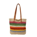 Colorful striped straw tote bag with brown leather handles for summer beach vacations - Top Zipper Style / Off White