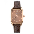 Elegant rose gold square quartz watch with brown leather strap and diamond accents - Coffee