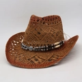 Brauner gewebter Stroh-Cowboyhut mit Ethno-Perlenband und atmungsaktivem Hohlmuster-Design - Khakibraun