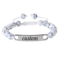 Custom white marble stone bead bracelet with engraved silver rectangle plate - Gold ID Plate / White Turquoise