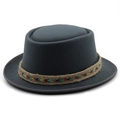 Detailed view of dark grey wool felt pork pie hat with colorful braided rope band - M(56-58cm) / Gray
