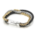 Bracciale da uomo a tre strati con catene in oro, argento e cinturino in pelle nera - Stile Misto Intrecciato a Tre Strati (KB134530-KFC)