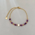 Bracciale in acciaio inossidabile dorato 18k con pietre naturali viola e perla bianca - Perla Abaco in Ametista