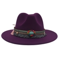 Detail of purple felt cowboy hat with ethnic braided band and turquoise stone accent - Dark Purple (Ethnic Decorative Band)