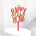Red and gold Happy New Year acrylic cake topper featuring festive gold stars and script - Red Gold Stars