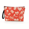 Red cosmetic bag with heart print patterns and convenient black wristlet strap - Red Heart Pattern (Style 1)