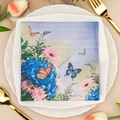 Floral paper napkin featuring blue hydrangeas and pink daisies with butterflies - Hydrangea & Butterfly (1024)