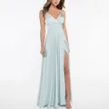 Robe de soirée élégante en satin bleu clair avec fines bretelles et fente latérale haute - US 14 / Haut Et Bas / Bleu Clair