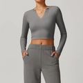 Slim fit gray long sleeve yoga crop top and matching drawstring jogger pants set - S / Freedom Grey