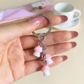 Pink resin mushroom keychain with silver metal ring and triple mushroom charms decoration - Pink