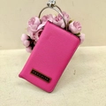 Rose red long leather wallet for women with gold circular handle and metal logo plate - Rose Red