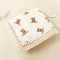 Detail of soft cotton baby blanket with brown bear prints and delicate tassel edges - Cartoon Sitting Bear / 80*65 cm