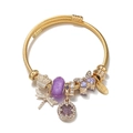 Golden woven beaded charm bracelet featuring purple crystals and butterfly pendants - Purple