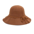 Women's summer straw bucket hat in caramel brown with elegant bow tie decoration - Caramel color
