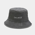 Close-up of white CHANCE embroidery and metal eyelets on vintage dark grey bucket hat - M (56-58cm) / Gray