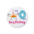 Cute unicorn tinplate badge for 10th birthday with crown and pink horn on white - Number 0