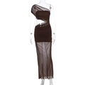 Detail of elegant one-shoulder dress featuring waist cutout and draped mesh fabric - S / Coffee