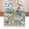 Christmas table runner with beige knit socks and pine branches on grey plaid pattern - 33cmx180cm / Christmas Sock Grey Plaid