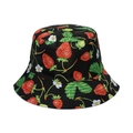 Detailed view of black cotton bucket hat with strawberry embroidery and reinforced stitching - Black Red Strawberry Print (J)