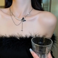 Double-layered butterfly pearl choker with silver chain and black enamel pendant - Black Butterfly Star